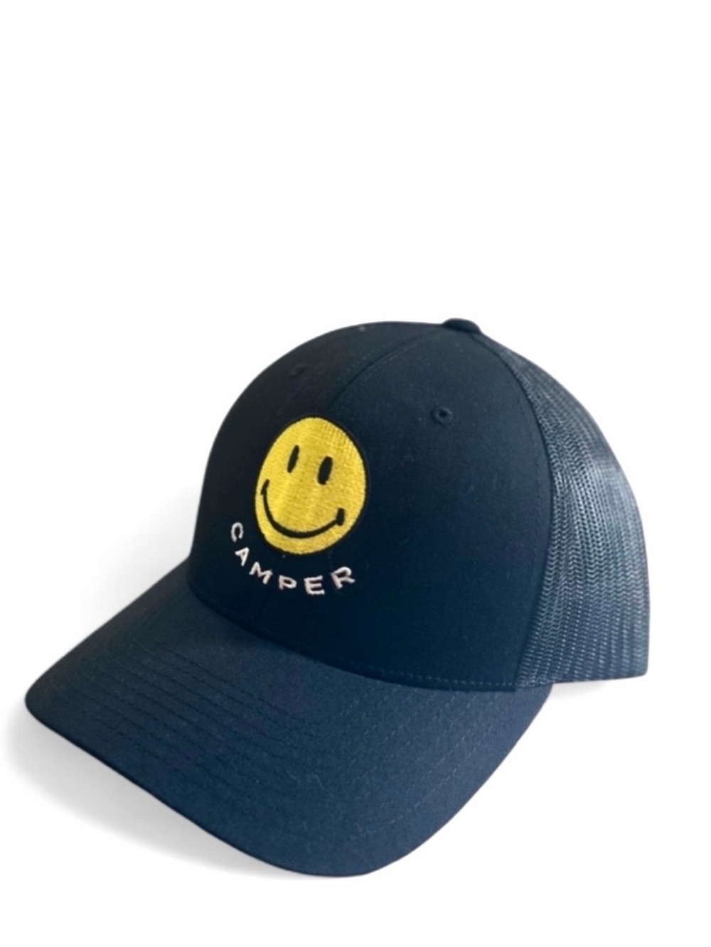 Retro VTG Happy Camper Smiley Face Black Trucker Hat